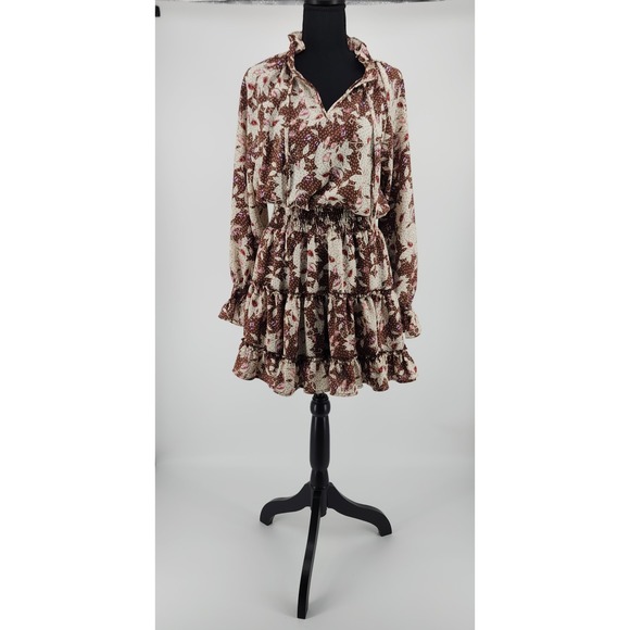 entro Dresses & Skirts - Entro Brown Floral Paisley Smocked Waist Tiered Ruffle Mini Dress Small Boho